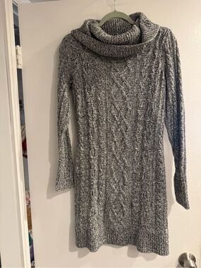 LOFT Gray Cable Knit Cowl Neck Sweater Dress Women's Medium Cozy Winter